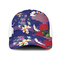 Hawaiian and Japanese Culture Together Mesh Trucker Cap Blue Ohia Lehua Plumeria and Sakura Blooming LT03 One Size White Blue - Polynesian Pride