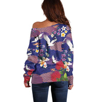 Hawaiian and Japanese Culture Together Off Shoulder Sweater Blue Ohia Lehua Plumeria and Sakura Blooming - Polynesian Pride