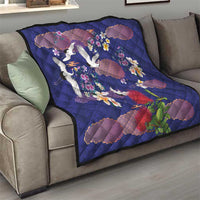 Hawaiian and Japanese Culture Together Quilt Blue Ohia Lehua Plumeria and Sakura Blooming - Polynesian Pride