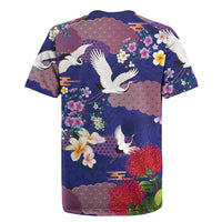Hawaiian and Japanese Culture Together Rugby Jersey Blue Ohia Lehua Plumeria and Sakura Blooming - Polynesian Pride