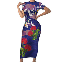 Hawaiian and Japanese Culture Together Short Sleeve Bodycon Dress Blue Ohia Lehua Plumeria and Sakura Blooming - Polynesian Pride
