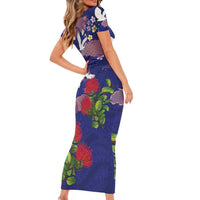 Hawaiian and Japanese Culture Together Short Sleeve Bodycon Dress Blue Ohia Lehua Plumeria and Sakura Blooming - Polynesian Pride