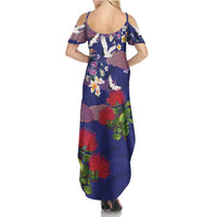 Hawaiian and Japanese Culture Together Summer Maxi Dress Blue Ohia Lehua Plumeria and Sakura Blooming - Polynesian Pride