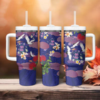 Hawaiian and Japanese Culture Together Tumbler With Handle Blue Ohia Lehua Plumeria and Sakura Blooming - Polynesian Pride