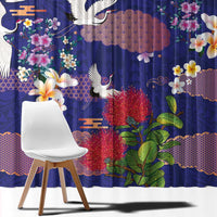 Hawaiian and Japanese Culture Together Window Curtain Blue Ohia Lehua Plumeria and Sakura Blooming - Polynesian Pride