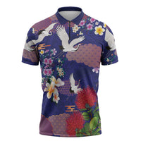 Hawaiian and Japanese Culture Together Zipper Polo Shirt Blue Ohia Lehua Plumeria and Sakura Blooming - Polynesian Pride
