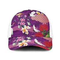 Hawaiian and Japanese Culture Together Baseball Net Cap Purple Ohia Lehua Plumeria and Sakura Blooming - Polynesian Pride