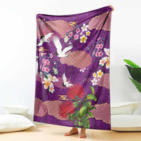 Hawaiian and Japanese Culture Together Blanket Purple Ohia Lehua Plumeria and Sakura Blooming - Polynesian Pride
