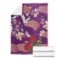 Hawaiian and Japanese Culture Together Blanket Purple Ohia Lehua Plumeria and Sakura Blooming - Polynesian Pride