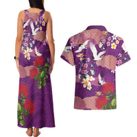 Hawaiian and Japanese Culture Together Couples Matching Tank Maxi Dress and Hawaiian Shirt Purple Ohia Lehua Plumeria and Sakura Blooming - Polynesian Pride