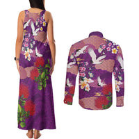 Hawaiian and Japanese Culture Together Couples Matching Tank Maxi Dress and Long Sleeve Button Shirt Purple Ohia Lehua Plumeria and Sakura Blooming - Polynesian Pride