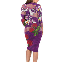Hawaiian and Japanese Culture Together Family Matching Long Sleeve Bodycon Dress and Hawaiian Shirt Purple Ohia Lehua Plumeria and Sakura Blooming - Polynesian Pride