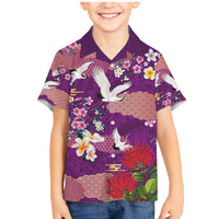 Hawaiian and Japanese Culture Together Family Matching Mermaid Dress and Hawaiian Shirt Purple Ohia Lehua Plumeria and Sakura Blooming - Polynesian Pride