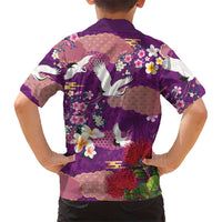 Hawaiian and Japanese Culture Together Family Matching Off The Shoulder Long Sleeve Dress and Hawaiian Shirt Purple Ohia Lehua Plumeria and Sakura Blooming - Polynesian Pride
