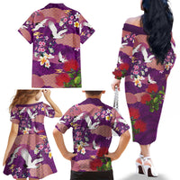 Hawaiian and Japanese Culture Together Family Matching Off The Shoulder Long Sleeve Dress and Hawaiian Shirt Purple Ohia Lehua Plumeria and Sakura Blooming - Polynesian Pride