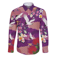 Hawaiian and Japanese Culture Together Family Matching Off The Shoulder Long Sleeve Dress and Hawaiian Shirt Purple Ohia Lehua Plumeria and Sakura Blooming - Polynesian Pride