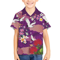 Hawaiian and Japanese Culture Together Family Matching Off The Shoulder Long Sleeve Dress and Hawaiian Shirt Purple Ohia Lehua Plumeria and Sakura Blooming - Polynesian Pride