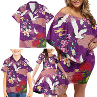 Hawaiian and Japanese Culture Together Family Matching Off Shoulder Short Dress and Hawaiian Shirt Purple Ohia Lehua Plumeria and Sakura Blooming - Polynesian Pride