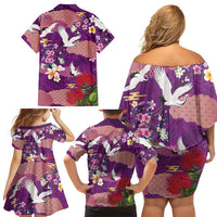 Hawaiian and Japanese Culture Together Family Matching Off Shoulder Short Dress and Hawaiian Shirt Purple Ohia Lehua Plumeria and Sakura Blooming - Polynesian Pride
