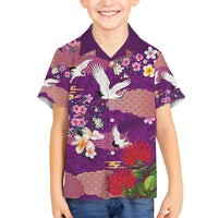 Hawaiian and Japanese Culture Together Family Matching Summer Maxi Dress and Hawaiian Shirt Purple Ohia Lehua Plumeria and Sakura Blooming - Polynesian Pride