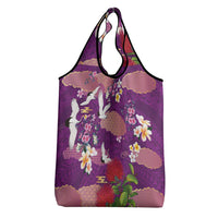 Hawaiian and Japanese Culture Together Grocery Bag Purple Ohia Lehua Plumeria and Sakura Blooming - Polynesian Pride