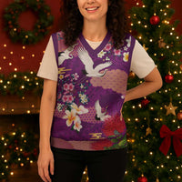 Hawaiian and Japanese Culture Together Christmas Knitted V-Neck Vest Purple Ohia Lehua Plumeria and Sakura Blooming - Polynesian Pride