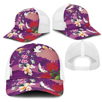 Hawaiian and Japanese Culture Together Mesh Trucker Cap Purple Ohia Lehua Plumeria and Sakura Blooming - Polynesian Pride