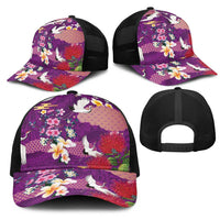 Hawaiian and Japanese Culture Together Mesh Trucker Cap Purple Ohia Lehua Plumeria and Sakura Blooming - Polynesian Pride