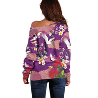 Hawaiian and Japanese Culture Together Off Shoulder Sweater Purple Ohia Lehua Plumeria and Sakura Blooming - Polynesian Pride