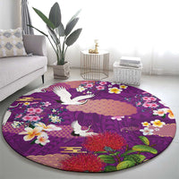 Hawaiian and Japanese Culture Together Round Carpet Purple Ohia Lehua Plumeria and Sakura Blooming - Polynesian Pride