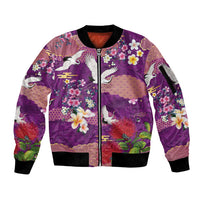 Hawaiian and Japanese Culture Together Sleeve Zip Bomber Jacket Purple Ohia Lehua Plumeria and Sakura Blooming - Polynesian Pride