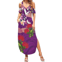 Hawaiian and Japanese Culture Together Summer Maxi Dress Purple Ohia Lehua Plumeria and Sakura Blooming - Polynesian Pride