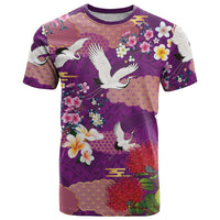Hawaiian and Japanese Culture Together T Shirt Purple Ohia Lehua Plumeria and Sakura Blooming - Polynesian Pride