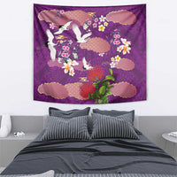 Hawaiian and Japanese Culture Together Tapestry Purple Ohia Lehua Plumeria and Sakura Blooming - Polynesian Pride