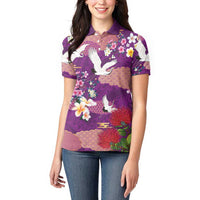 Hawaiian and Japanese Culture Together Women Polo Shirt Purple Ohia Lehua Plumeria and Sakura Blooming - Polynesian Pride