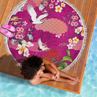 Hawaiian and Japanese Culture Together Beach Blanket Pink Ohia Lehua Plumeria and Sakura Blooming - Polynesian Pride