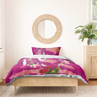 Hawaiian and Japanese Culture Together Bedding Set Pink Ohia Lehua Plumeria and Sakura Blooming - Polynesian Pride