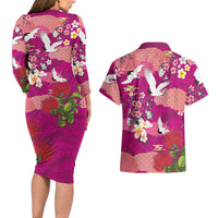 Hawaiian and Japanese Culture Together Couples Matching Long Sleeve Bodycon Dress and Hawaiian Shirt Pink Ohia Lehua Plumeria and Sakura Blooming - Polynesian Pride