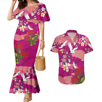 Hawaiian and Japanese Culture Together Couples Matching Mermaid Dress and Hawaiian Shirt Pink Ohia Lehua Plumeria and Sakura Blooming - Polynesian Pride