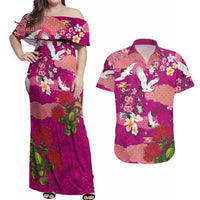 Hawaiian and Japanese Culture Together Couples Matching Off Shoulder Maxi Dress and Hawaiian Shirt Pink Ohia Lehua Plumeria and Sakura Blooming - Polynesian Pride