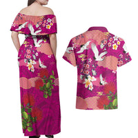 Hawaiian and Japanese Culture Together Couples Matching Off Shoulder Maxi Dress and Hawaiian Shirt Pink Ohia Lehua Plumeria and Sakura Blooming - Polynesian Pride