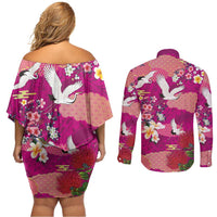 Hawaiian and Japanese Culture Together Couples Matching Off Shoulder Short Dress and Long Sleeve Button Shirt Pink Ohia Lehua Plumeria and Sakura Blooming - Polynesian Pride
