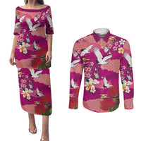 Hawaiian and Japanese Culture Together Couples Matching Puletasi and Long Sleeve Button Shirt Pink Ohia Lehua Plumeria and Sakura Blooming - Polynesian Pride