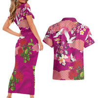Hawaiian and Japanese Culture Together Couples Matching Short Sleeve Bodycon Dress and Hawaiian Shirt Pink Ohia Lehua Plumeria and Sakura Blooming - Polynesian Pride