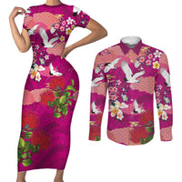 Hawaiian and Japanese Culture Together Couples Matching Short Sleeve Bodycon Dress and Long Sleeve Button Shirt Pink Ohia Lehua Plumeria and Sakura Blooming - Polynesian Pride