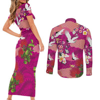 Hawaiian and Japanese Culture Together Couples Matching Short Sleeve Bodycon Dress and Long Sleeve Button Shirt Pink Ohia Lehua Plumeria and Sakura Blooming - Polynesian Pride