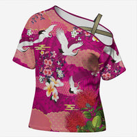 Hawaiian and Japanese Culture Together Cross Shoulder Shirt Pink Ohia Lehua Plumeria and Sakura Blooming - Polynesian Pride