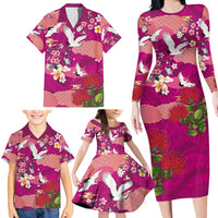 Hawaiian and Japanese Culture Together Family Matching Long Sleeve Bodycon Dress and Hawaiian Shirt Pink Ohia Lehua Plumeria and Sakura Blooming - Polynesian Pride