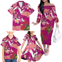 Hawaiian and Japanese Culture Together Family Matching Off The Shoulder Long Sleeve Dress and Hawaiian Shirt Pink Ohia Lehua Plumeria and Sakura Blooming - Polynesian Pride
