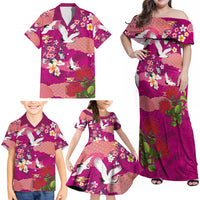 Hawaiian and Japanese Culture Together Family Matching Off Shoulder Maxi Dress and Hawaiian Shirt Pink Ohia Lehua Plumeria and Sakura Blooming - Polynesian Pride